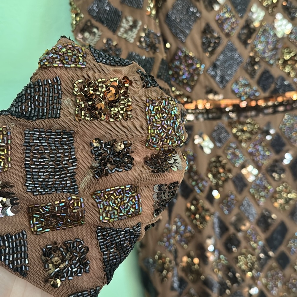 MAC DUGGAL size 14 Brown Geo Embellished Midi Sheath Dress - Picture 6 of 9